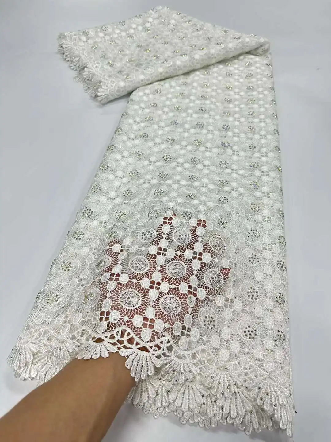 

White African Guipure Cord Lace Fabric with Sequins 2024 High Quality Nigerian French Lace Fabrics 5 Yards for Wedding Dresses