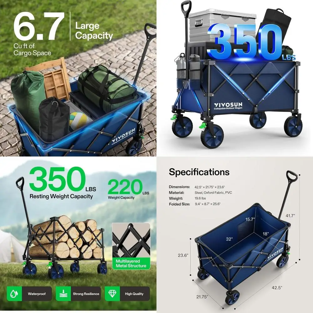 

Сверхпрочная складная тележка с грузоподъемностью 350 фунтов, бесшумными колесами, держателями для стаканов, боковыми карманами и регулируемой ручкой для использования на улице