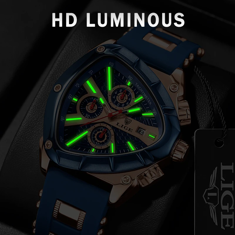 LIGE Fashion Men's Watch Luxury Triangle Quartz Watches Men Military Waterproof Luminous Chronograph Wristwatches Reloj Hombre