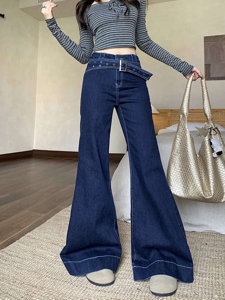 المرأة خمر Bootcut الجينز الخريف الشتاء الأزرق الداكن هوتي المرقعة الدنيم السراويل عادية مكتب سيدة عالية الخصر فضفاض بنطلون جديد #4