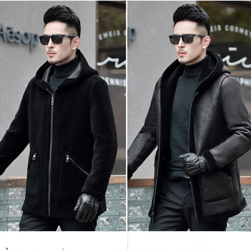 AYUNSUE Men's 100% Sheep Shearing Jacket Winter Warm Real Fur Coat Male Short Hooded Wool Jackets Wearable Both Sides Chaquetas