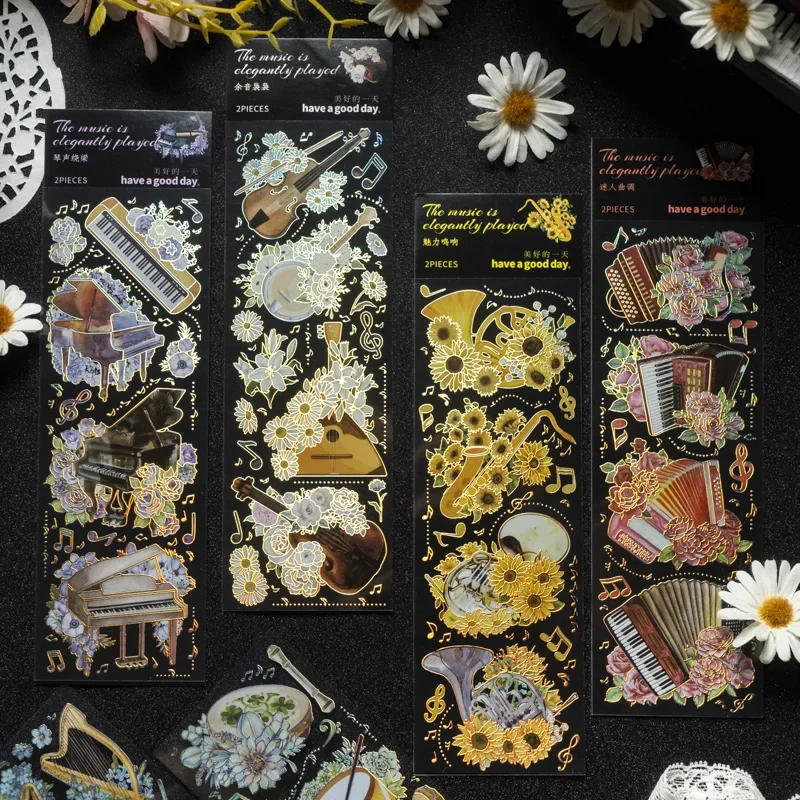 2 pcs scrapbooking stickers PET beautiful art piano accordion musical instrument flower decorative sticker multi-choice 6 types