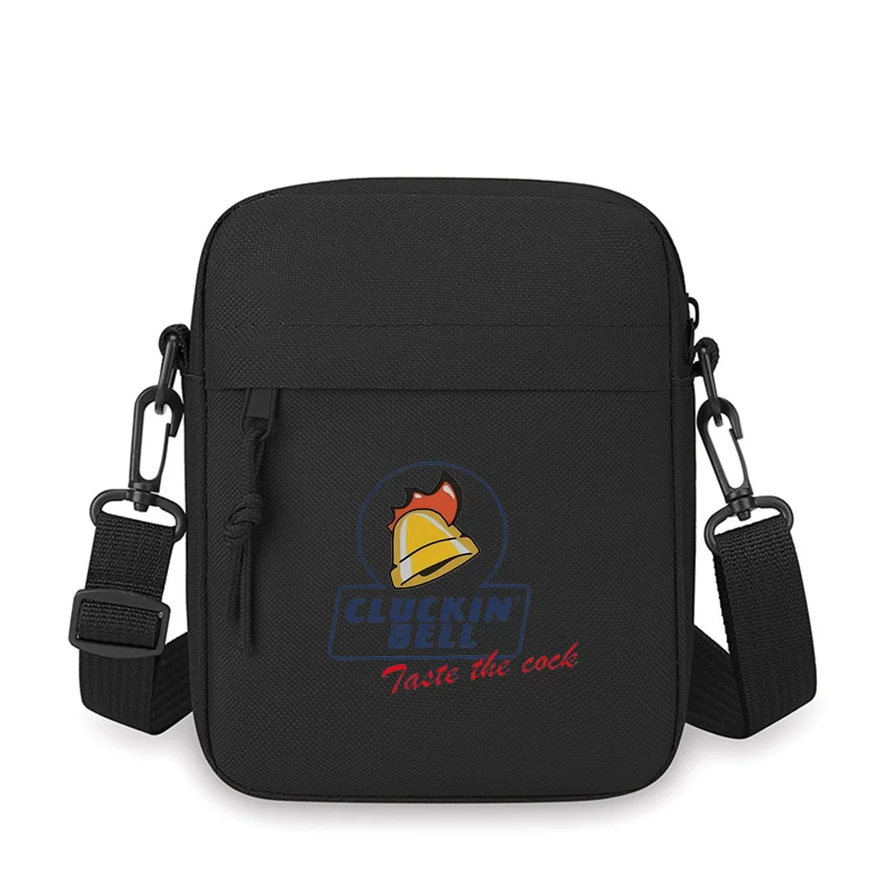 Chicken bell logo,red text,dark blue frame. Men Crossbody Bag Single Shoulder Women Cartoon Anime Film Printing Design Unisex