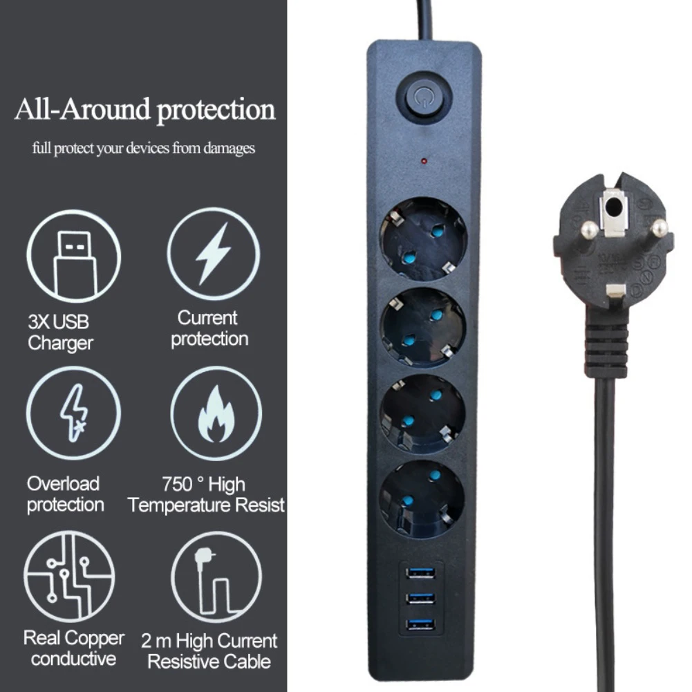 

European Standard AC Outlet With Cable Switch Multi-tap Power Strip Network Outlet USB Port Fast Charging Network Filter Adapter