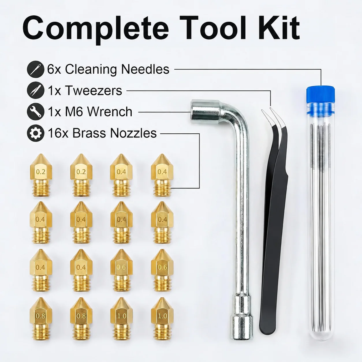 3D Printer Nozzle Kit, 16PCS MK8 Brass Nozzles 0.2/0.4/0.6/0.8/1.0mm Wrench, Tweezers, Storage Box, for Ender 3 CR-10 Series