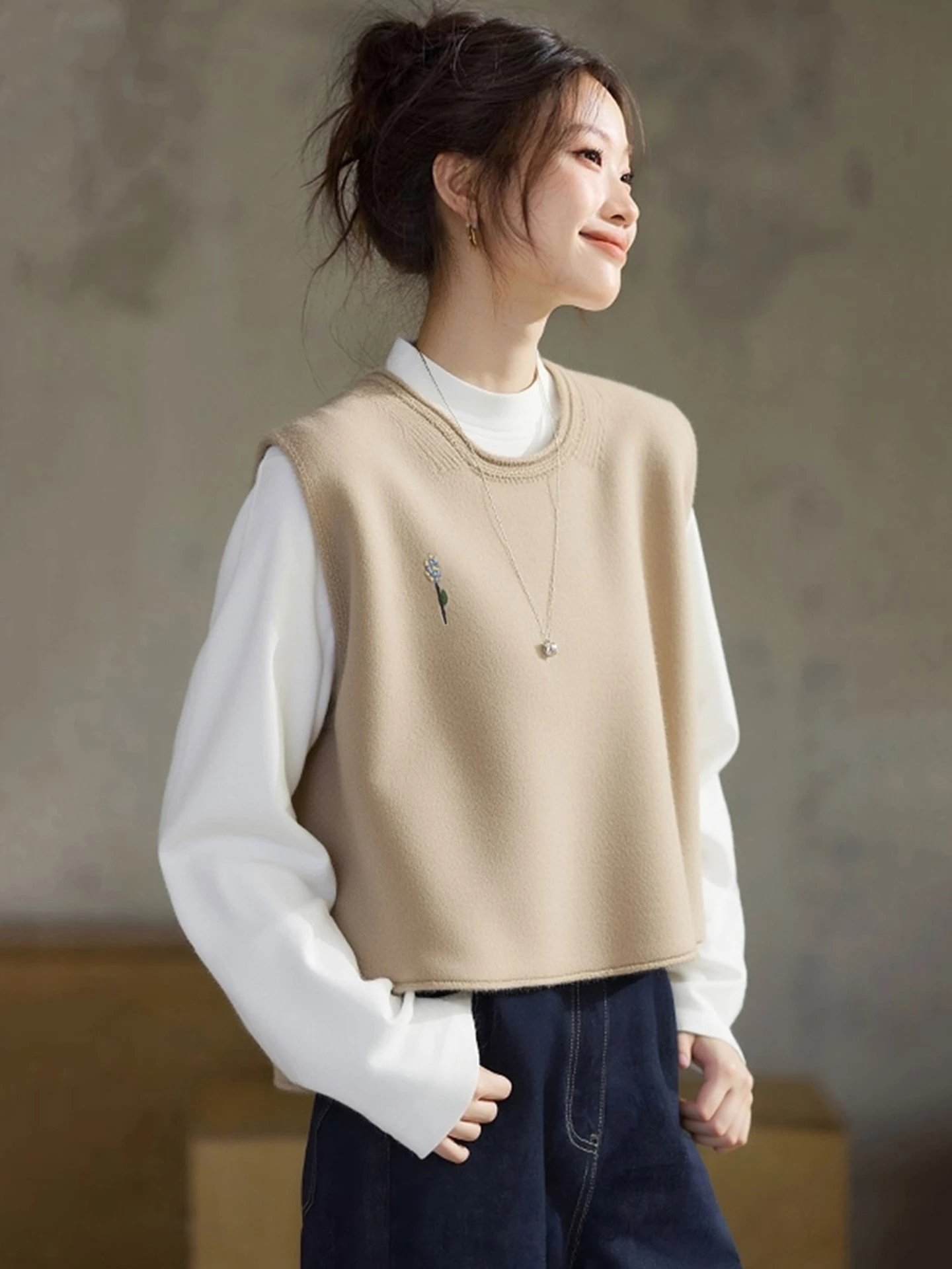 Ele Korean Sle Luźny Krój Svel Okrągły Dekolt Kamizelka Bez Rękawów Funkcja Grzania do Dojazdów do Pracy i Modna