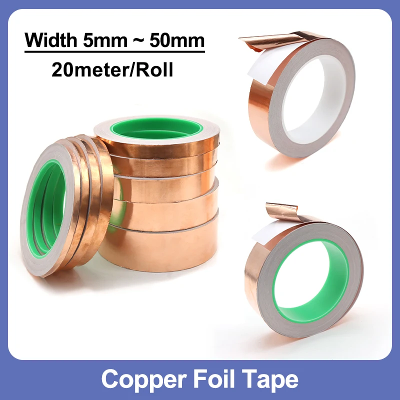 20 Meters Copper Foil Tape 5/6/8/10/15/20/25/30/35/40/45/50mm Adhesive Conductive Single/Double Sided Conduct Copper Foil Tapes