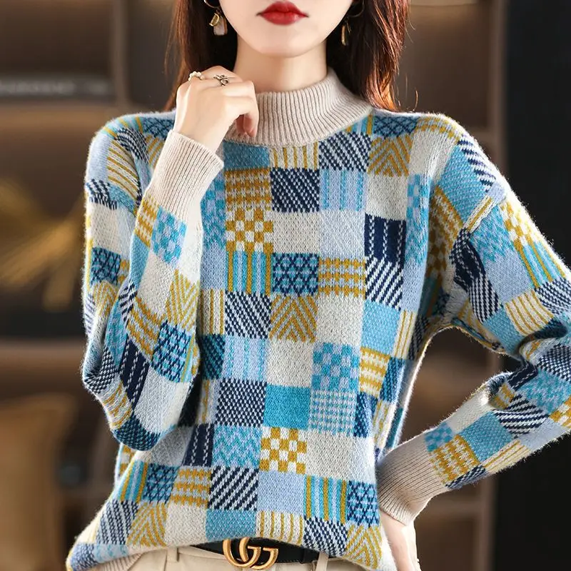 Korean Autumn Winter New Half High Collar Woolen Sweater Women\'s Printed Thick Fashion Versatile Long Sleeve Knitted Pullovers