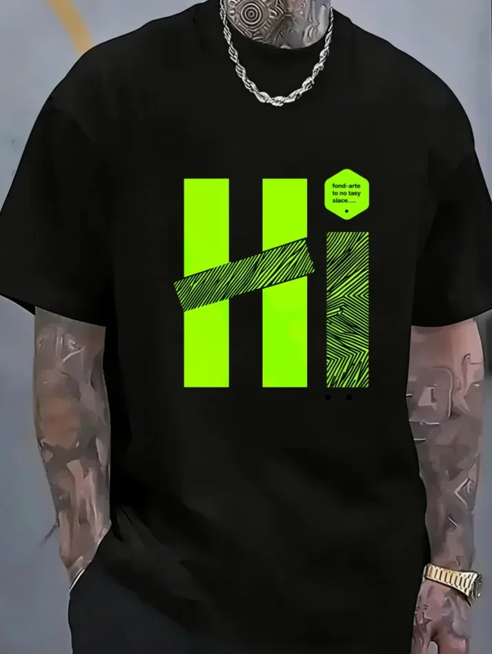 Minimalist Art Fluorescent Green HI Printed T-Shirt for Men, Summer Pure Loose American Style Short Sleeve Special Offer T-Shirt