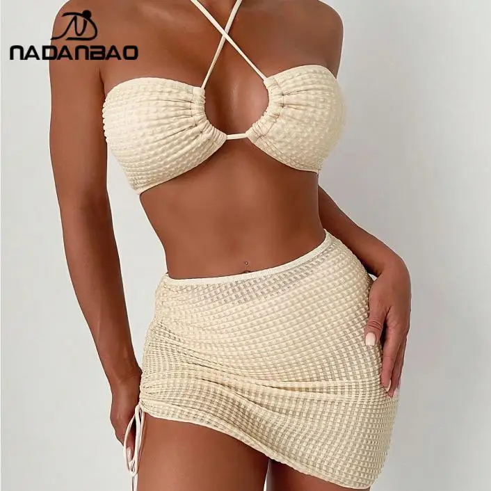 Nadanbao Sexy Bikini Three Piece Set Swimwear Women Knitting Hollow Fashion Bodysuit Swimsuit Female Backless Beach Party Bikini