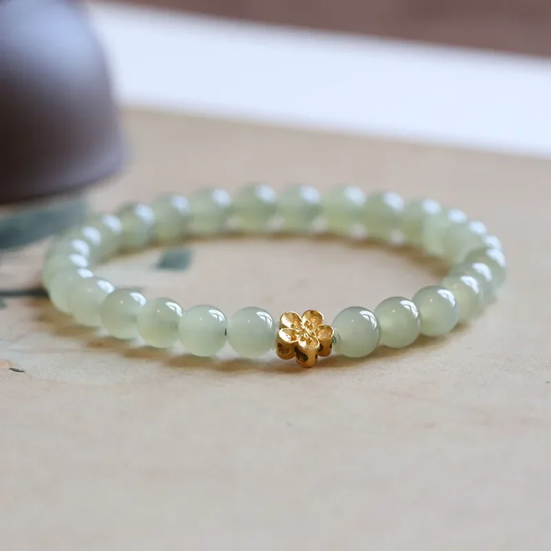 

free shipping Sunny water and jade beads 6mm single circle women's style simple bracelet s925 silver peach blossom jewelry girl