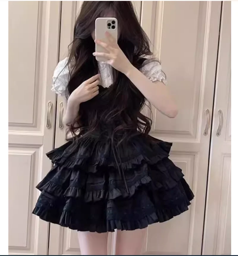 

Sweet and Spicy Girl Lace Spliced Shirt with Ruffle Edge Waist Wrapped Puff Skirt Lolita Set