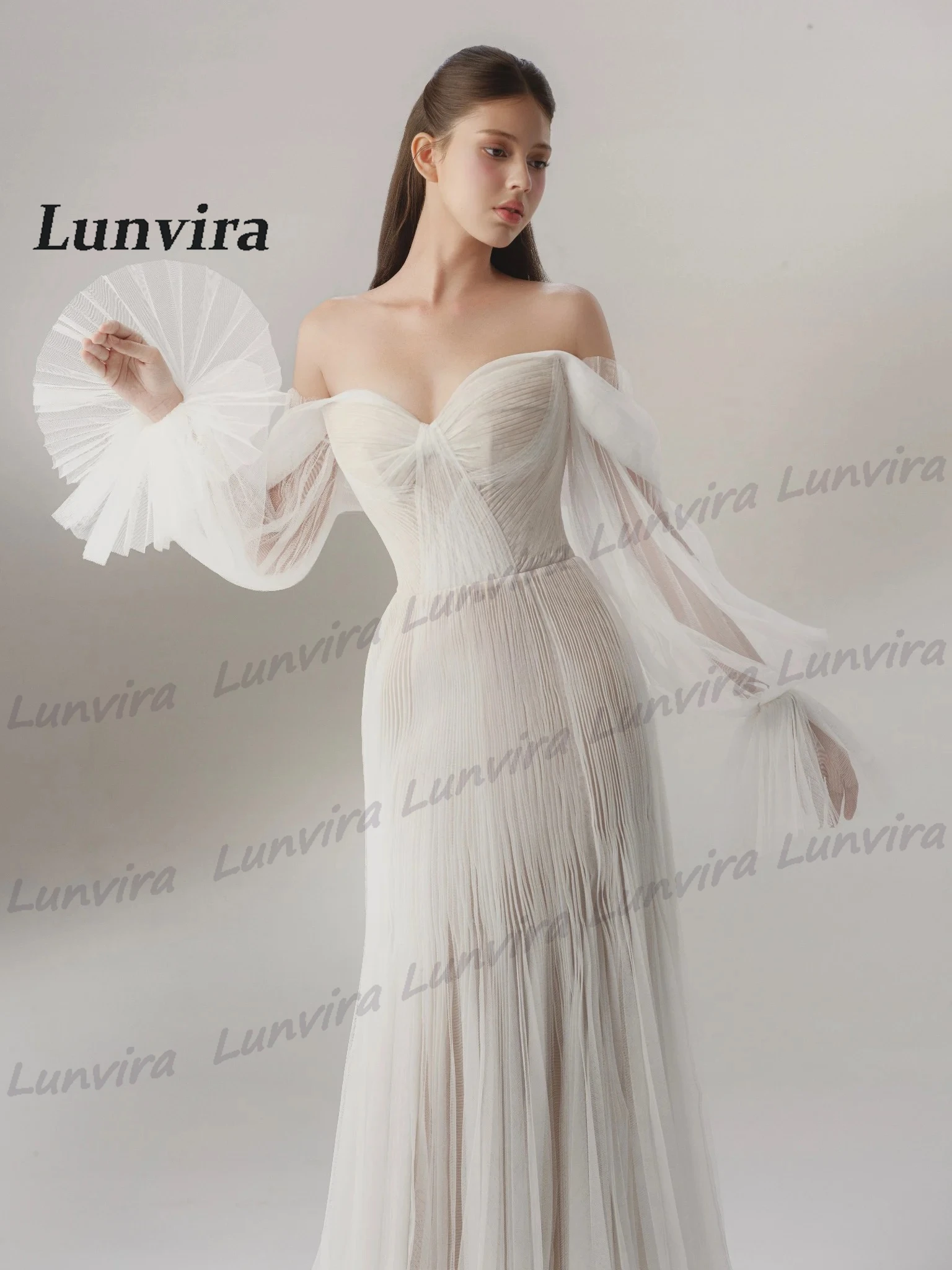 Lunvira Classic Pleat Wedding Dress for Women Puff Sleeves Sweetheart Tulle Mermaid Chapel Train Abito Da Sposa Customized