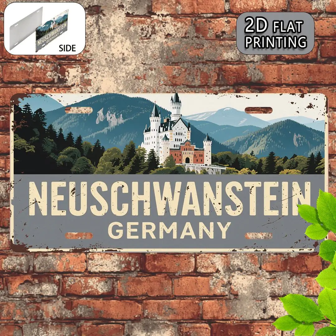 2D Flat Printing, 1pc, Vintage Metal Aluminum Sign Plate of Neuschwanstein Castle, Decorative Sign And Plaque (30.48X15.24 cm),