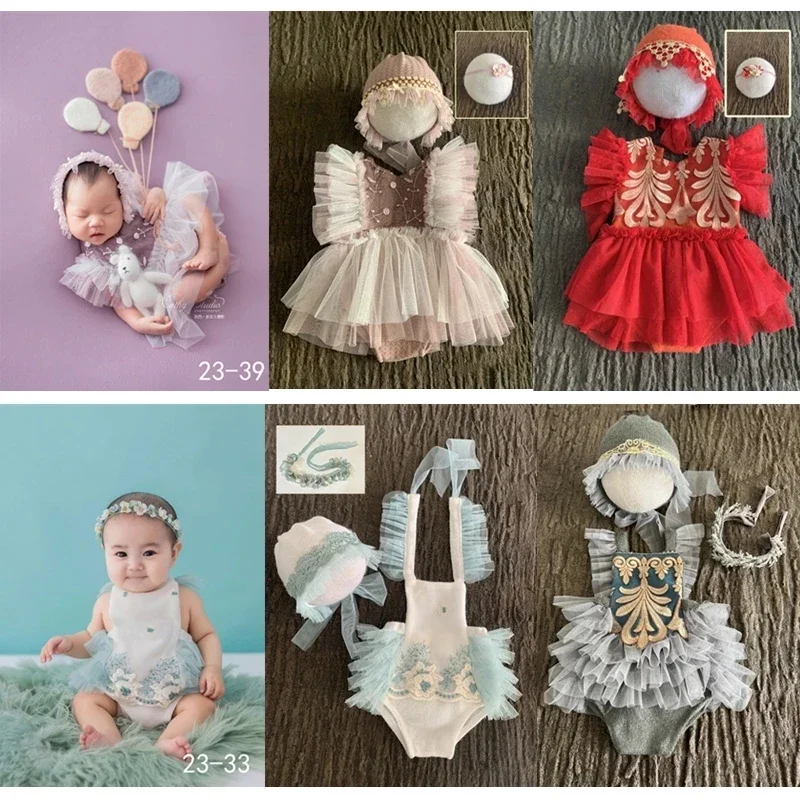 

3Pcs Baby Girl Lace Princess Dress Newborn Photography Props Clothes Hat Headband 0-3 Months Bebe Romper Photo Shoot Accessories