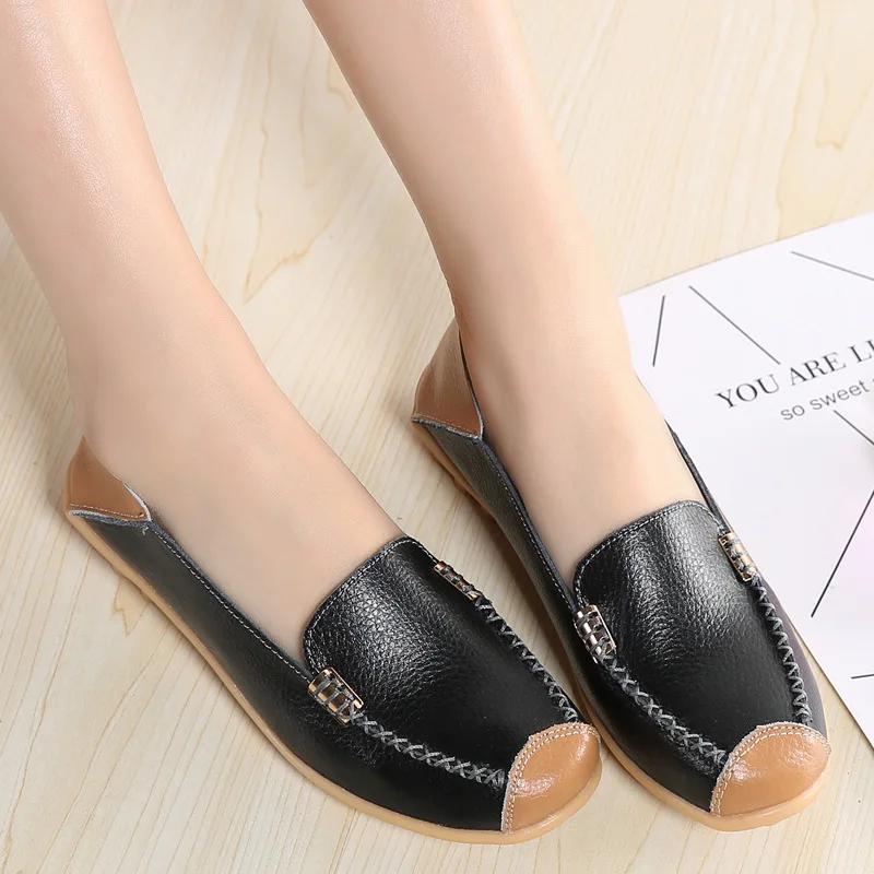 Genuine Leather Women Flats Shoes  Spring Autumn Female Moccasins Shoes Slip On Loafers Ballerina Shoe Ladies Ballet Bowtie Shoe