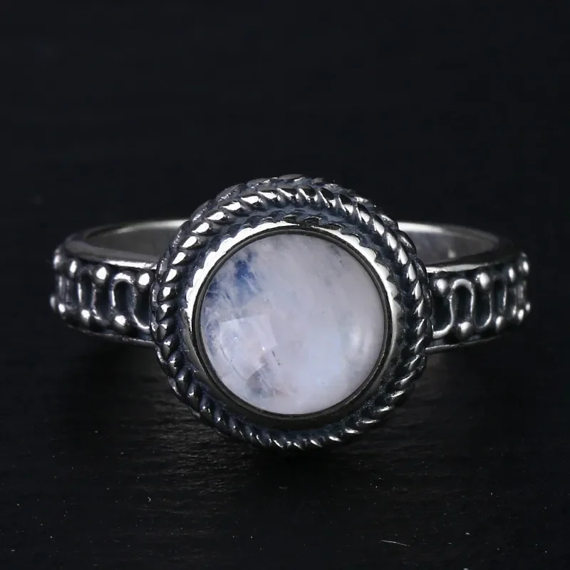 

New Fashion 9MM Round Natural Moonstones Rings Women's 925 Silver Jewelry Ring Wholesale High Quality Gifts Vintage Fine