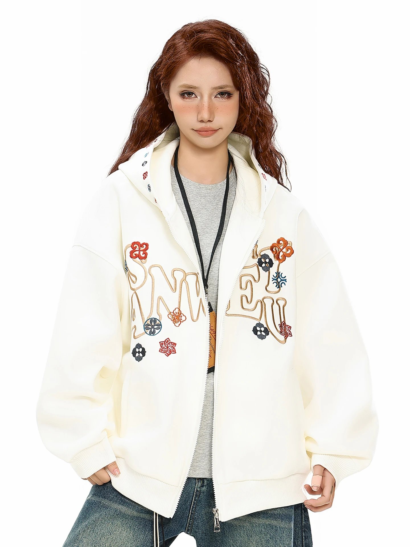 

American Retro Floral Letter Embroidery Hoodie Sweatirt Spring Casual Laid-ba Sle Couple's Open Cardigan Jaet