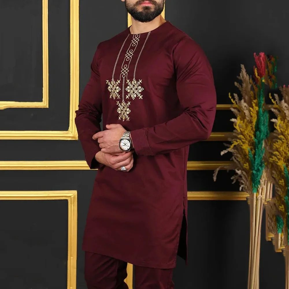 2Piece Sets Mens Outfit Embroidered Pocket Long Sleeve Top Pants Men\'s Wedding Suit Business Ethnic Casual Wear Tee Shirt Homme