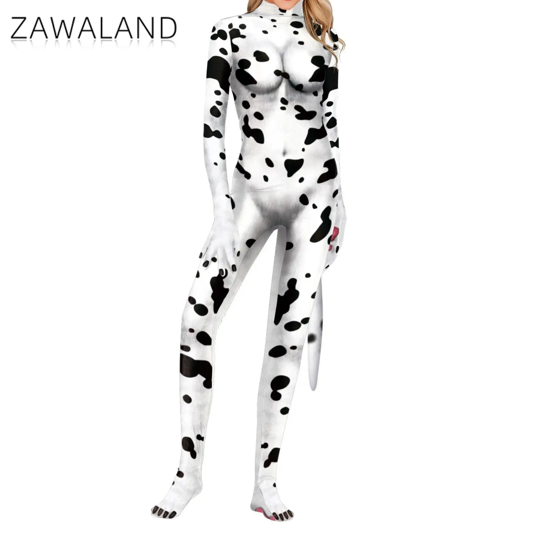 Zawaland Dairy Cows Costume with Tail Halloween Animal Cosplay Outfit Couple Zentai Bodysuits Crotch Zipper Disguise Jumpsuits