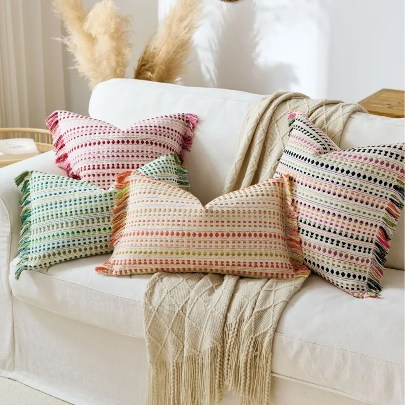 

1-Piece Geometric Stripe Yarn Dyed Jacquard Cushion Cover Pillow Case Linen Cotton Blend with Tassel Fringe Modern Home Decor