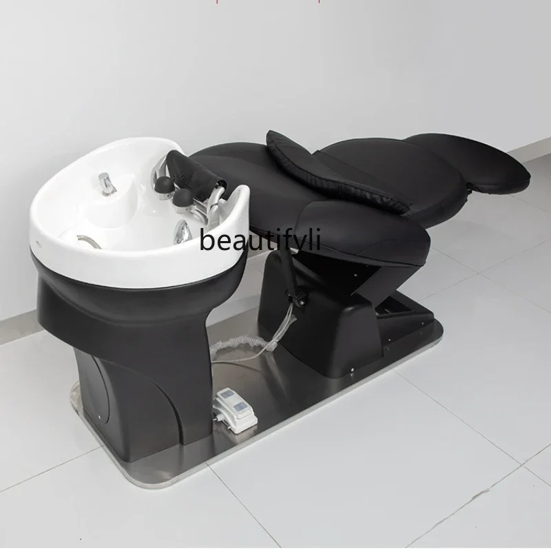 Electric Lifting Shampoo Chair for Hair Salon Barber Shop Ceramic Basin Shampoo Chair Silicone Headrest