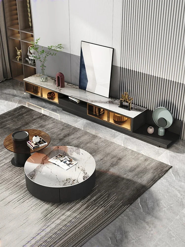 

~Telescopic TV cabinet and tea table combination light luxury stone circular simple living room large and small apartment type