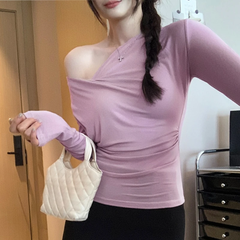 

Autumn Long Sleeve Irregular V-neck Women's Knitted T-shirts 2025 New Solid Korean Casual Shirts Bottom Slim Tops Female