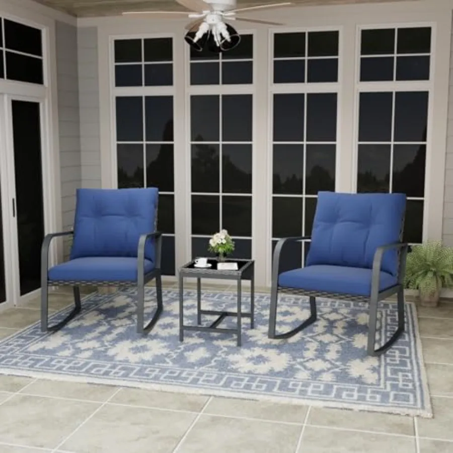 Bistro 3 Pcs Patio Furniture Set, Patio Table and Rattan Outdoor Rocking Chairs Set of 2, Outdoor Bistro Conversation Set for G