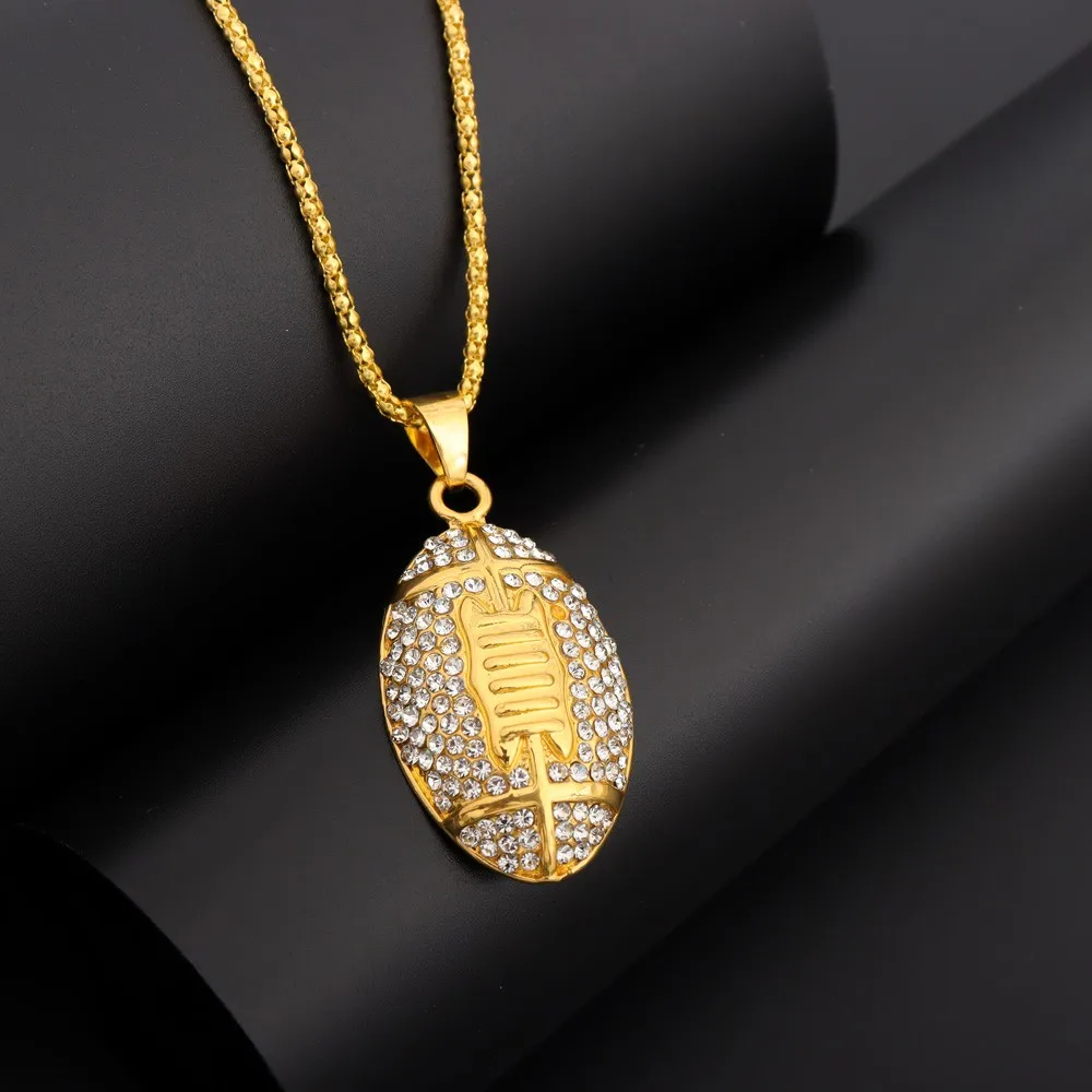 Full Rhinestone Alloy Rugby Funny Men Pendant Necklace Hip Hop Style American Football Metal Pendants Jewely Fashion Accessory