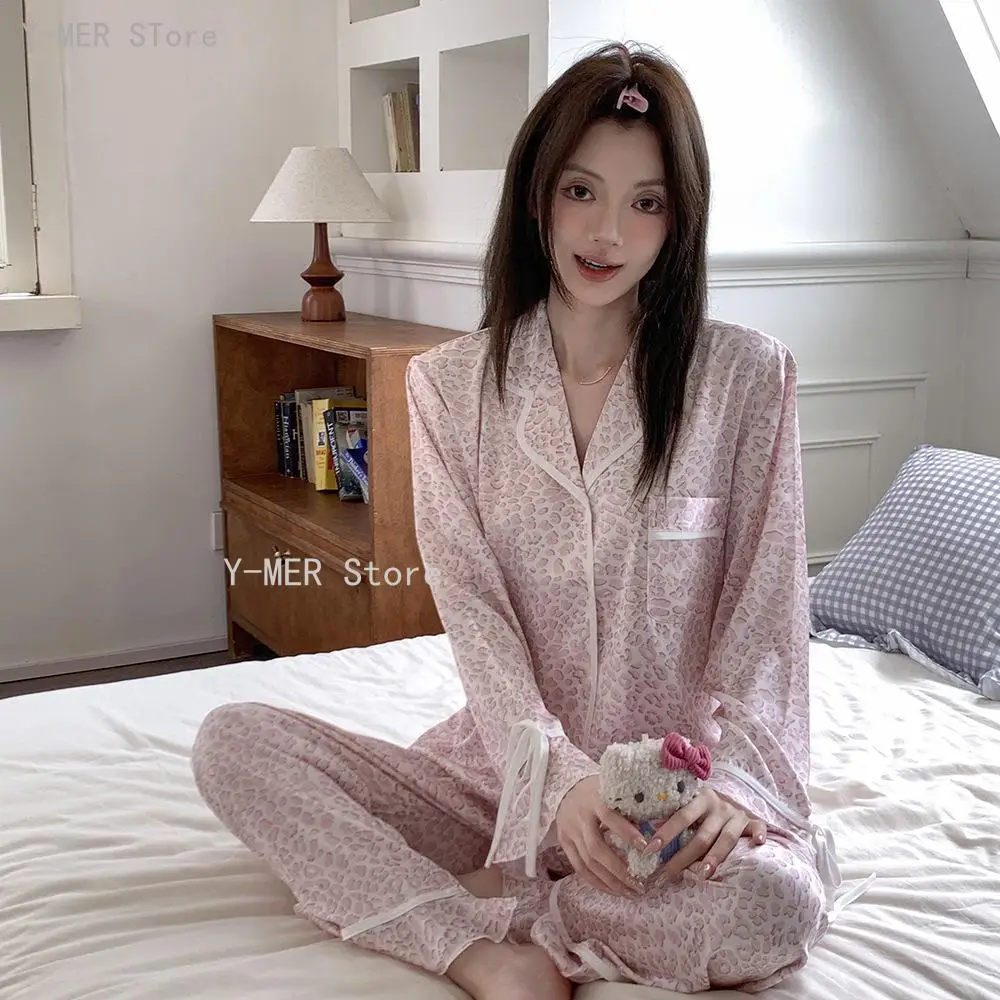 Women Luxury Young Girls Loungewear 2026 Peach Pink Leopard Print Simple Figure Flattering Long Sleeve Pajama Set Spring Autumn