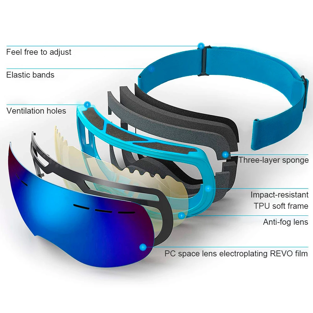 Lunettes de ski anti-buée à double couche pour adultes, lunettes de motoneige, lunettes de sport de plein air, lunettes de neige, UV400, 506