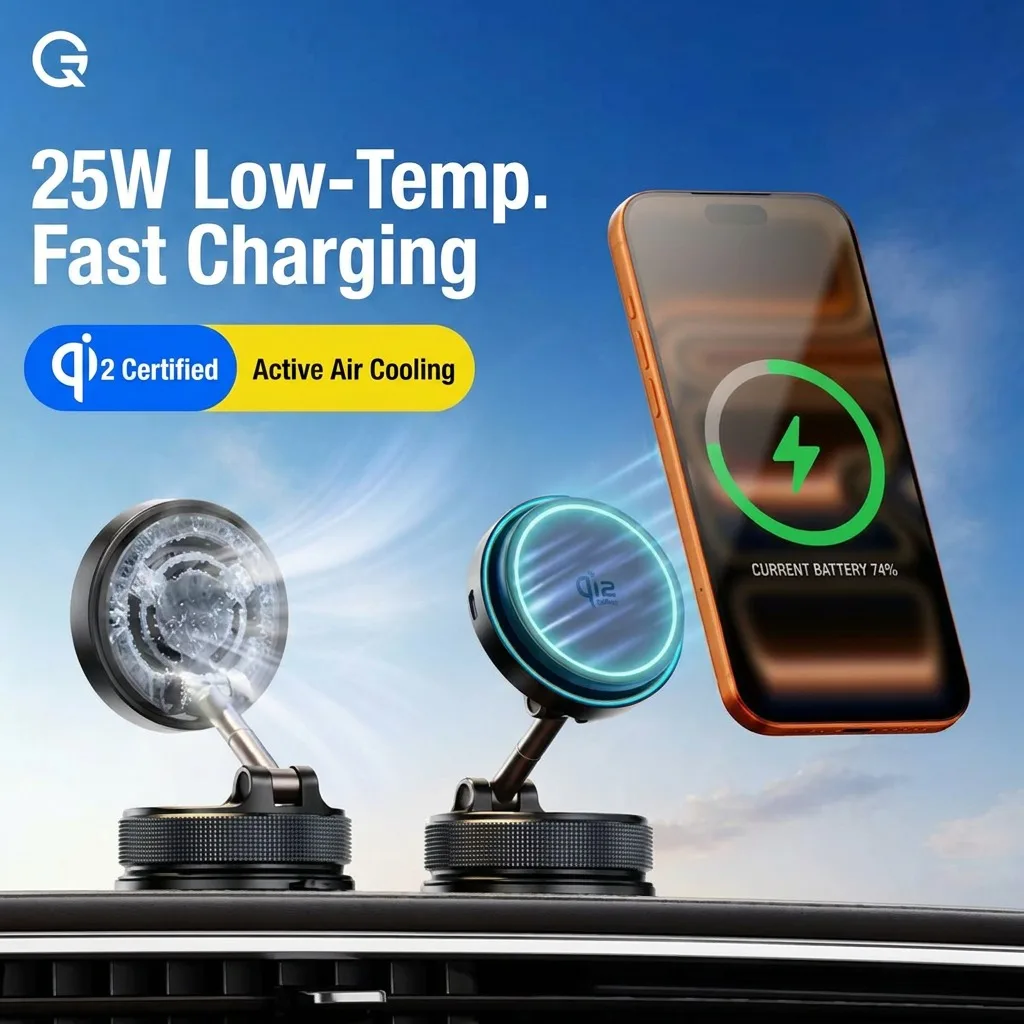 Qi2.2 Magnetic Wireless Charger Car Phone Holder 25W Fast Charging with Cooling Fan for iphone 17 Pro Max 16 15 Huawei Stand