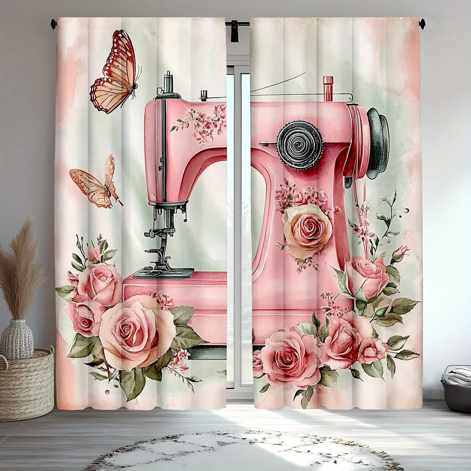 Shabby Chic Vintage Sewing Machine Floral Rose Print Curtains Romantic Cottagecore Aesthetic Pink Window Curtains Panel
