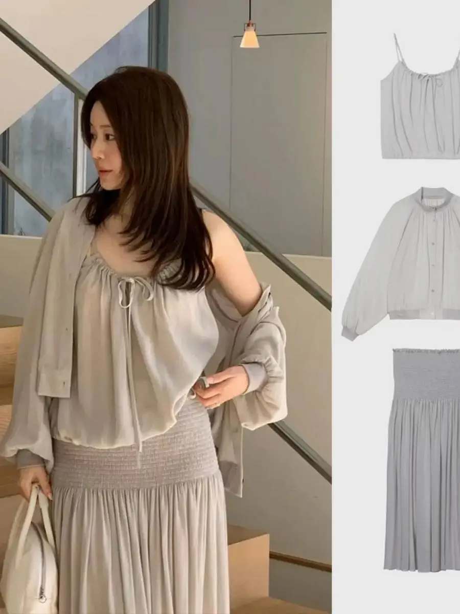 Spring Dongdaemun Gentle Wind Set Women's Loose Strap Sunscreen Open Cardigan High Waist Pleated Long Skirt Casual Style