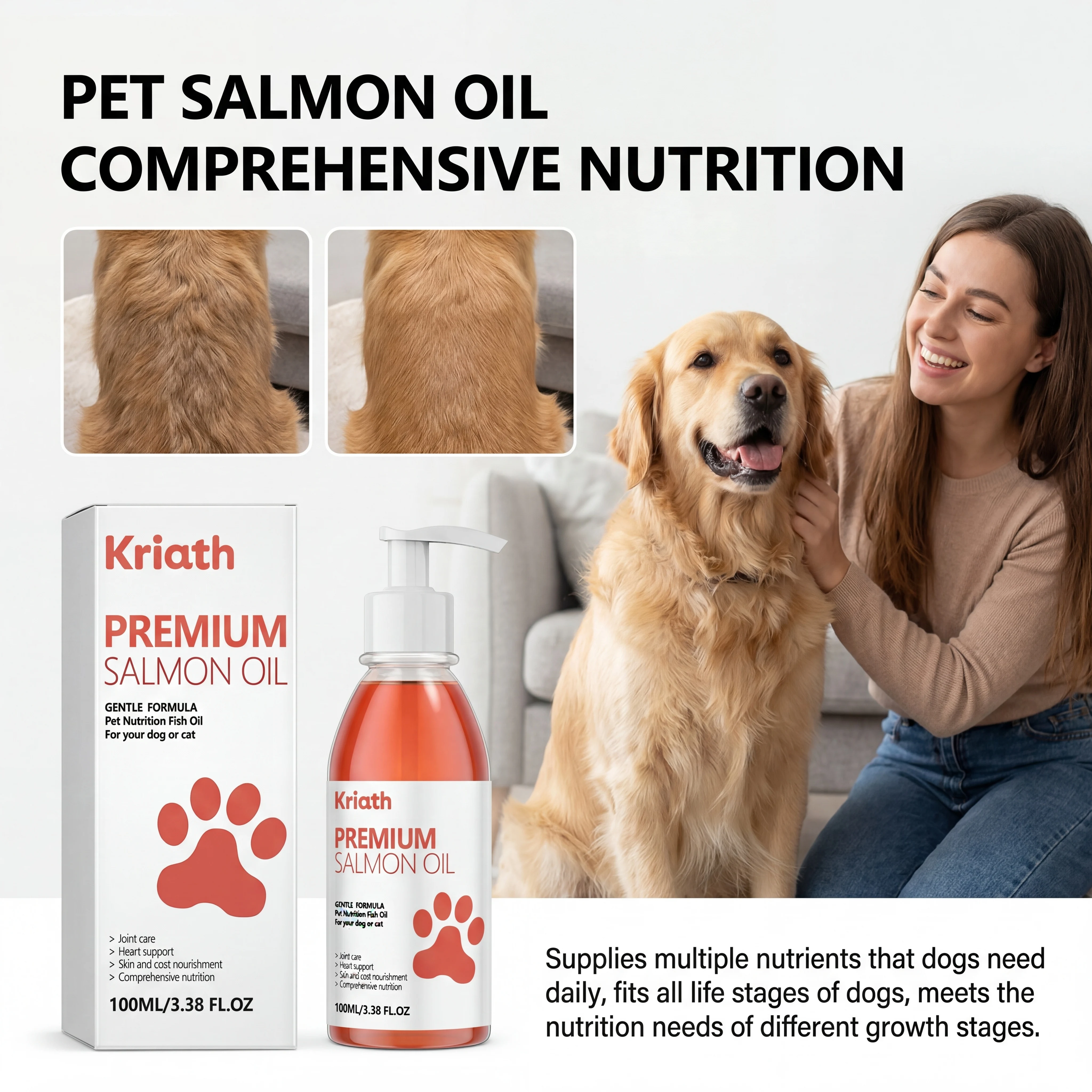 Aceite de Salmón Natural para Mascotas, Complemento Líquido con Vitamina E para Perros, para un Pelaje Brillante y Salud del Corazón, Fórmula Suave, Botella con Bomba Dosificadora