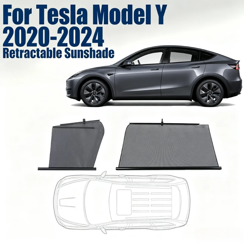 For Tesla Model Y 2020-2024 Retractable Car Sunshade Side Lifting Window Sunscreen UV Heat Protection Mesh Privacy Curtain