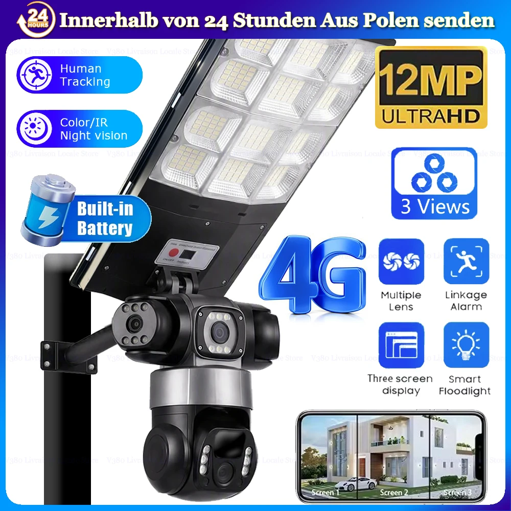 4G Solar-Kamera mit SIM-Karte, 100M Daten, automatische Verfolgung, Smart-Home-Sicherheit, CCTV-Kameras, Solarstrom, kabellose Smart-Home-Überwachung, IP 4G SIM, 3 Linsen, PTZ-Kamera
