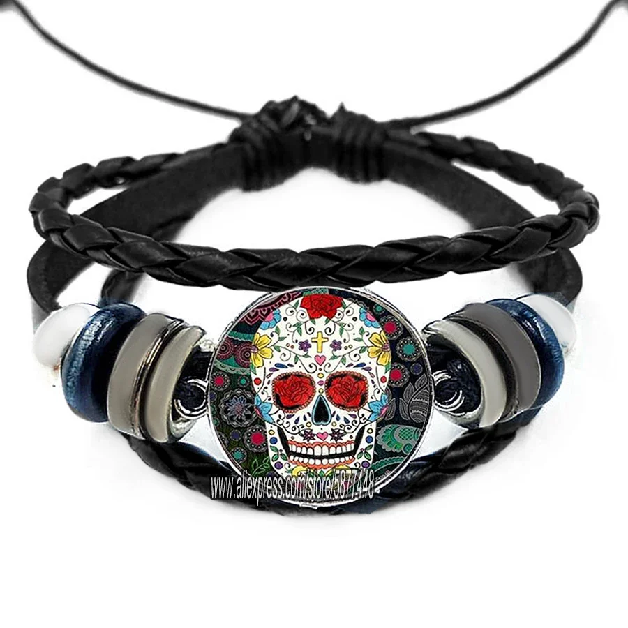 Fashion Sugar Skull Glass Leather Bracelets Skeleton and Flower Multi Layers Black Punk Black Bracelets for Unisex