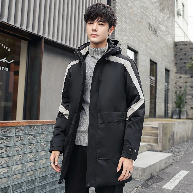 2023 New Korean Style Men's Down Jacket Mid-Length Slim Fit Hooded Trendy Brand Thickened Warm Winter Cotton Padded Jackets Coat