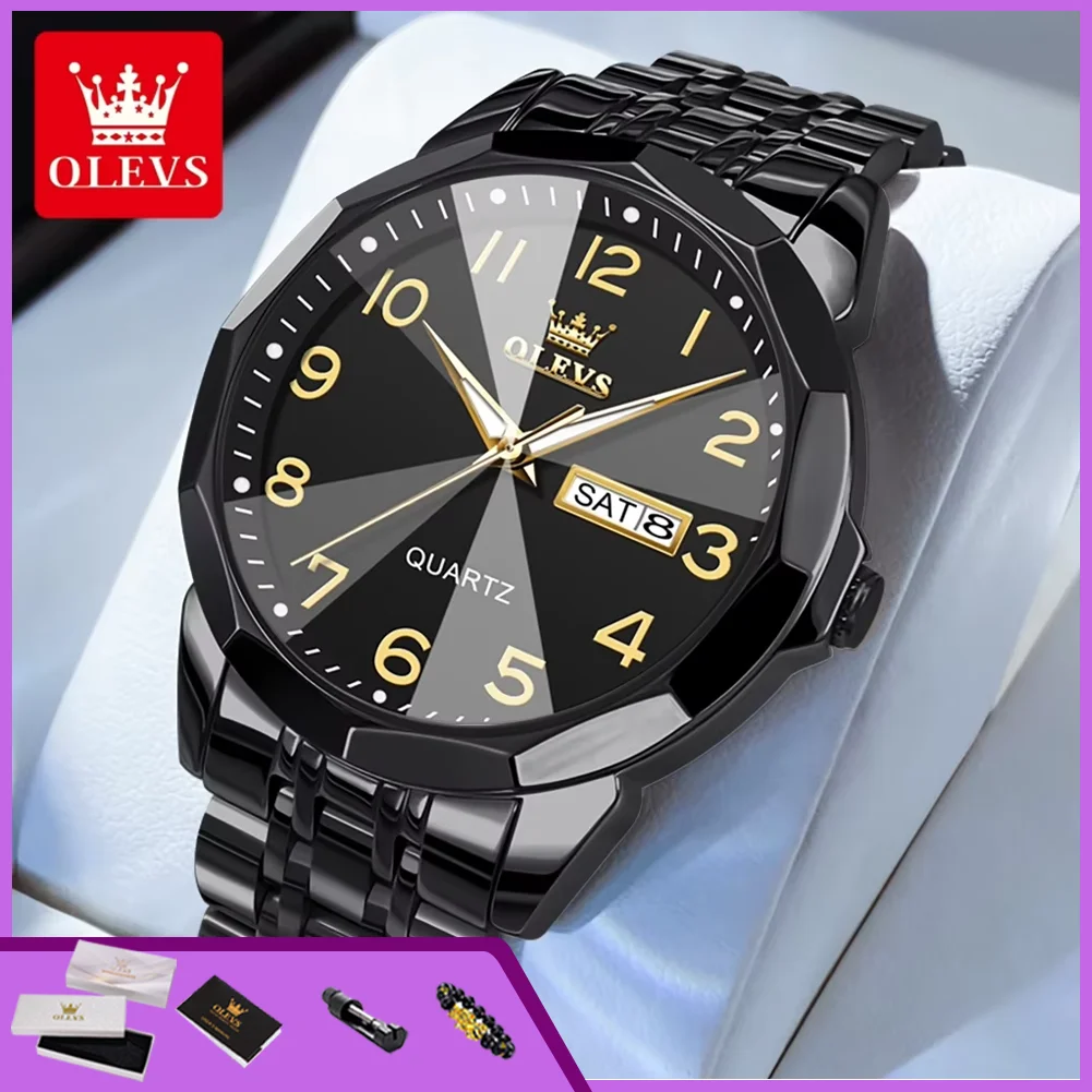 OLEVS 9970 Men's Watches Solid Steel Strap Minimalist Trendy Rhombus Mirror Luxury Dual Calendar Man Business Quartz Wristwatch