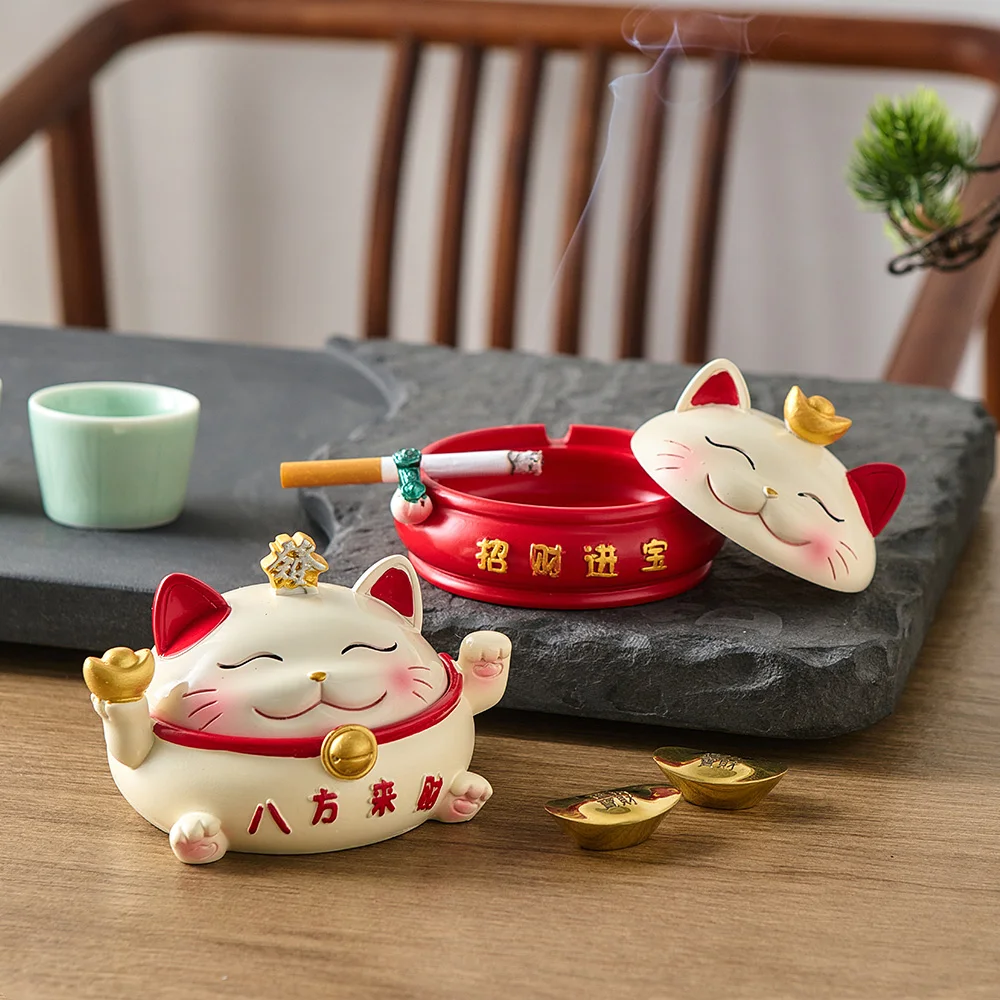 Ashtray with Lid Windproof Lucky Cat Figurines Home Decor Fortune Cat Organizer Key Storage cat ashtray Cigar desk accessories