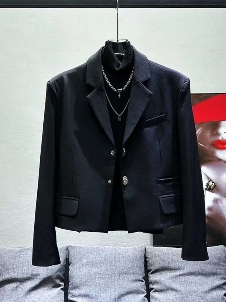 Korean Inspired Edgy Cropped Blazer Jacket Men Irregular Buttons Faux Flap Pockets & Notched Collar Oversized Casual Streetwear