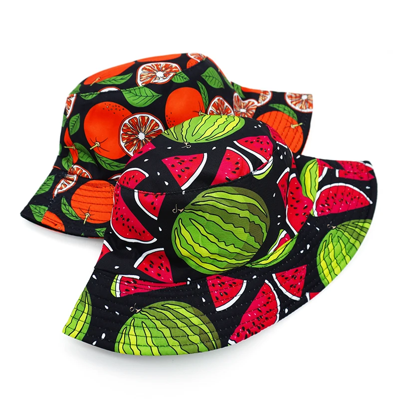 Bocca Cartoon Fruit Printing Bucket Hat Orange Watermelon Pattern Fisherman Hats Double Sides Panama Cap Men Women Summer Sun