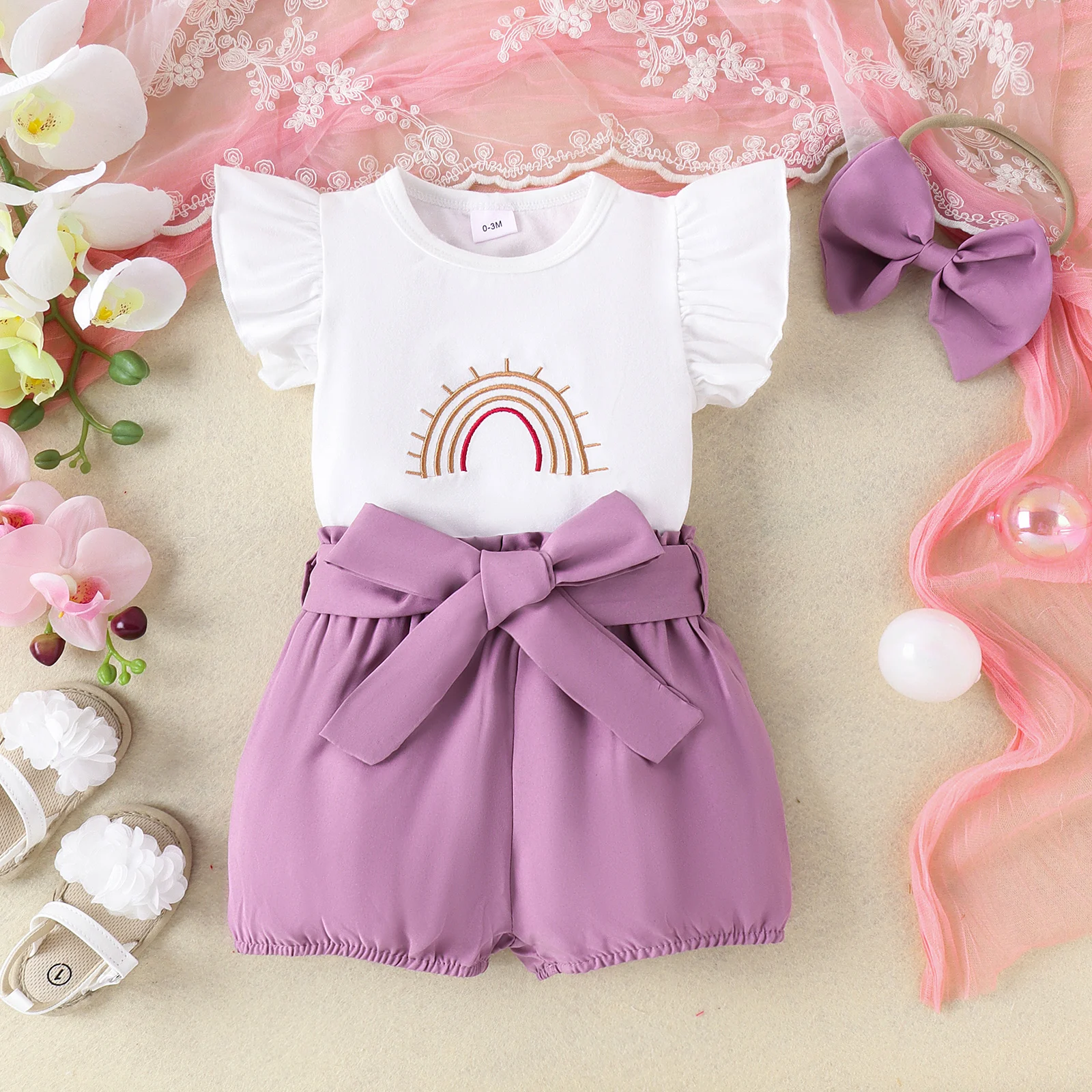 3PCS 0-2 Years Old Fashion Trend Comfortable Baby Can Use Color Rainbow Embroidery Garment + Plain Color Shorts Solid Color