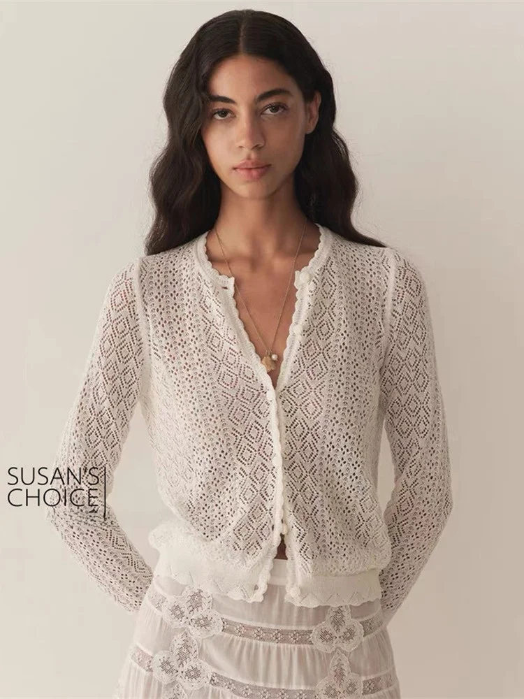 

Susan Faionable White Hollow out Knitted Long Sve round Ne Open Cardigan Women's Commute Sle Regular Fit V-Ne Butt...