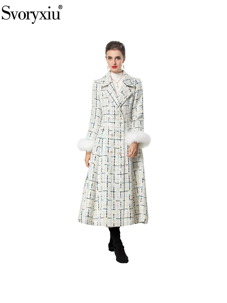Svoryxiu Fashion Runway Autumn Long Style Plaid Overcoat Women's Turn-down Collar Plush Long Sleeve Double Breasted Overcoat