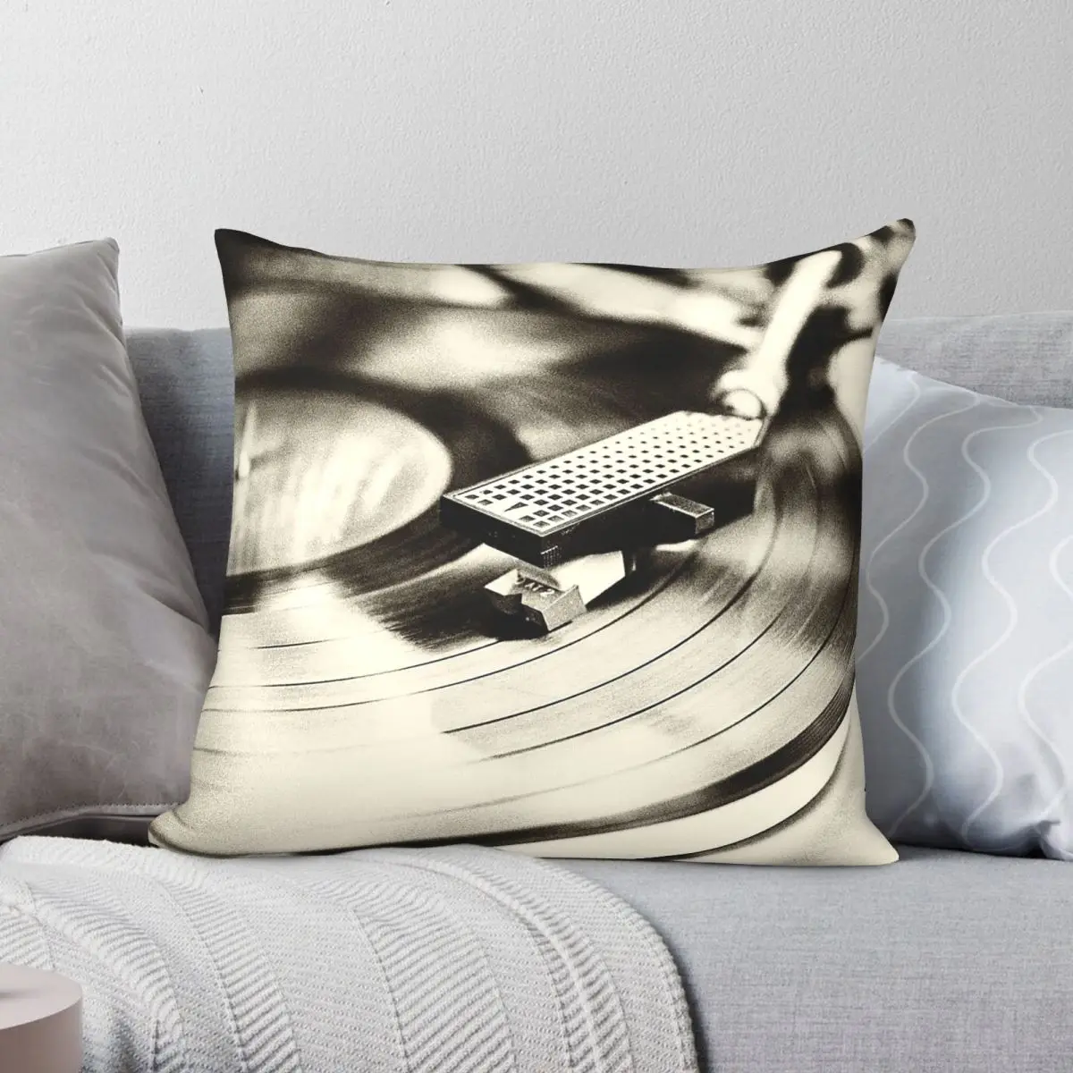 Black White Vinyl Record Player Square Pillowcase Polyester Linen Velvet Creative Zip Decorative Sofa Cushion Cover