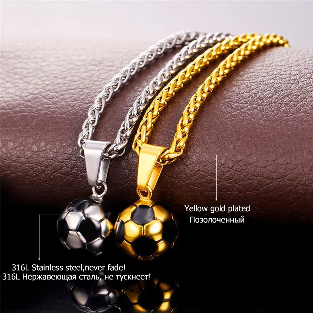 U7 Stainless Steel Soccer Necklace for Men and Women Football Charm 20 Inches Pendant Link Chain Sport Jewelry