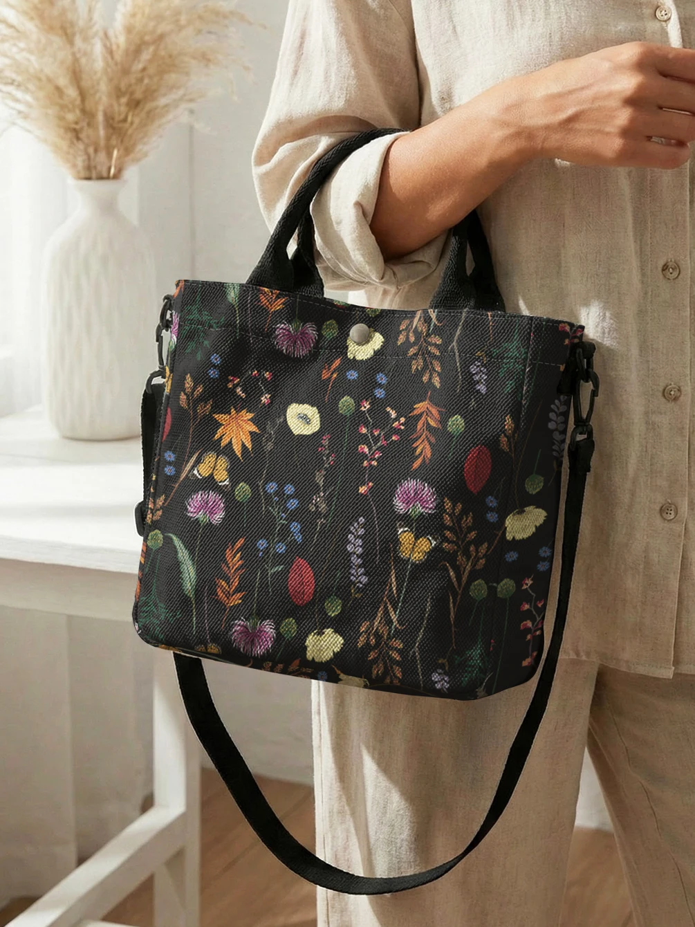 Wildflower Butterfly Autumn Leaf Print Tote Bag Detachable Strap Crossbody Handbag For Women Daily Shopping view 3